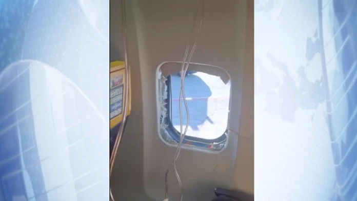 Read the original title and internally decide if it is Eyewitness photo shows broken window inside Ryanair plane