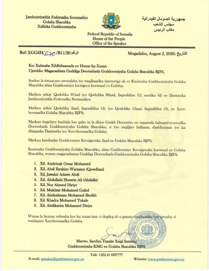 Guddiga Doorashada Guddoomiyaha Golaha Shacabka oo la magacaabay